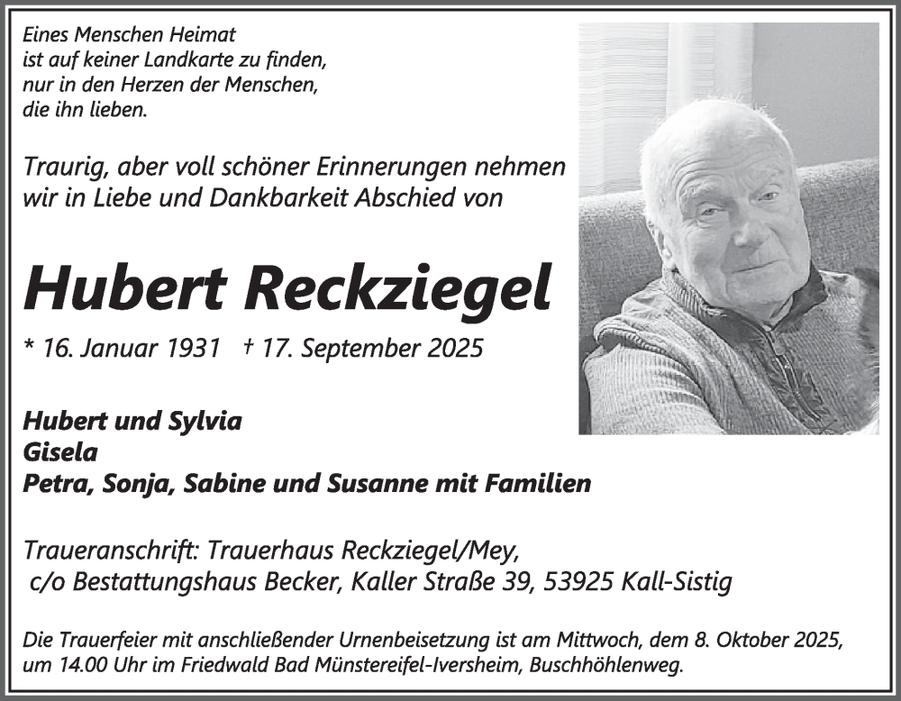  Traueranzeige für Hubert Reckziegel vom 24.09.2025 aus WochenSpiegel