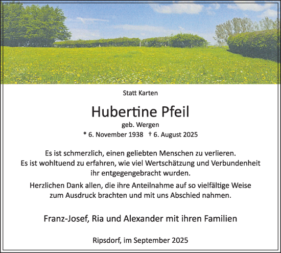 Traueranzeige von Hubertine Pfeil von WochenSpiegel