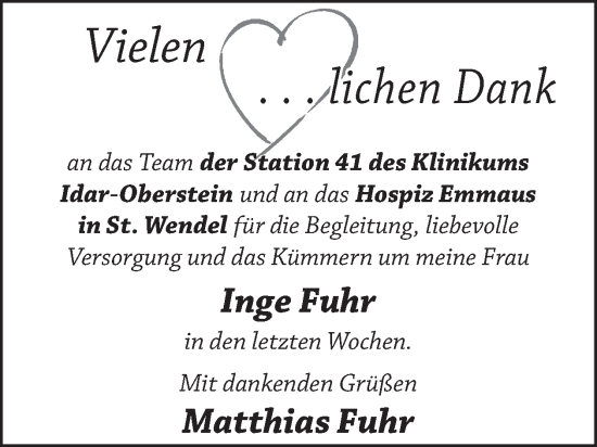 Traueranzeige von Inge Fuhr von WochenSpiegel