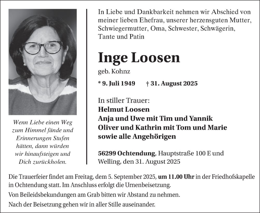  Traueranzeige für Inge Loosen vom 03.09.2025 aus WochenSpiegel
