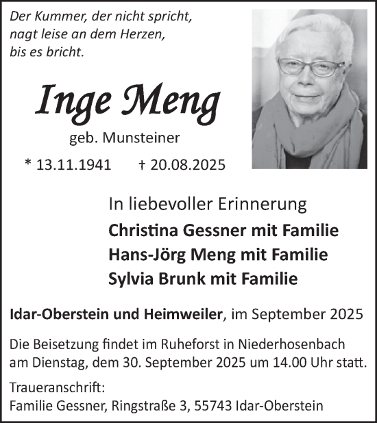 Traueranzeige von Inge Meng von WochenSpiegel