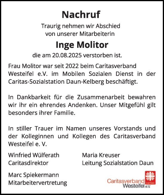 Traueranzeige von Inge Molitor von WochenSpiegel