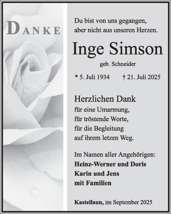 Traueranzeige von Inge Simson von WochenSpiegel