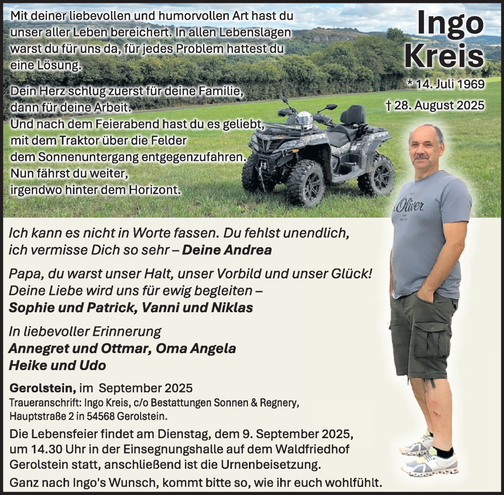  Traueranzeige für Ingo Kreis vom 06.09.2025 aus WochenSpiegel