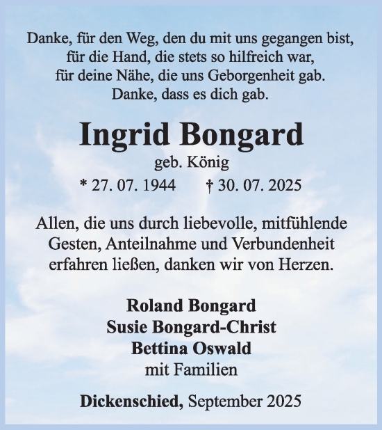 Traueranzeige von Ingrid Bongard von WochenSpiegel