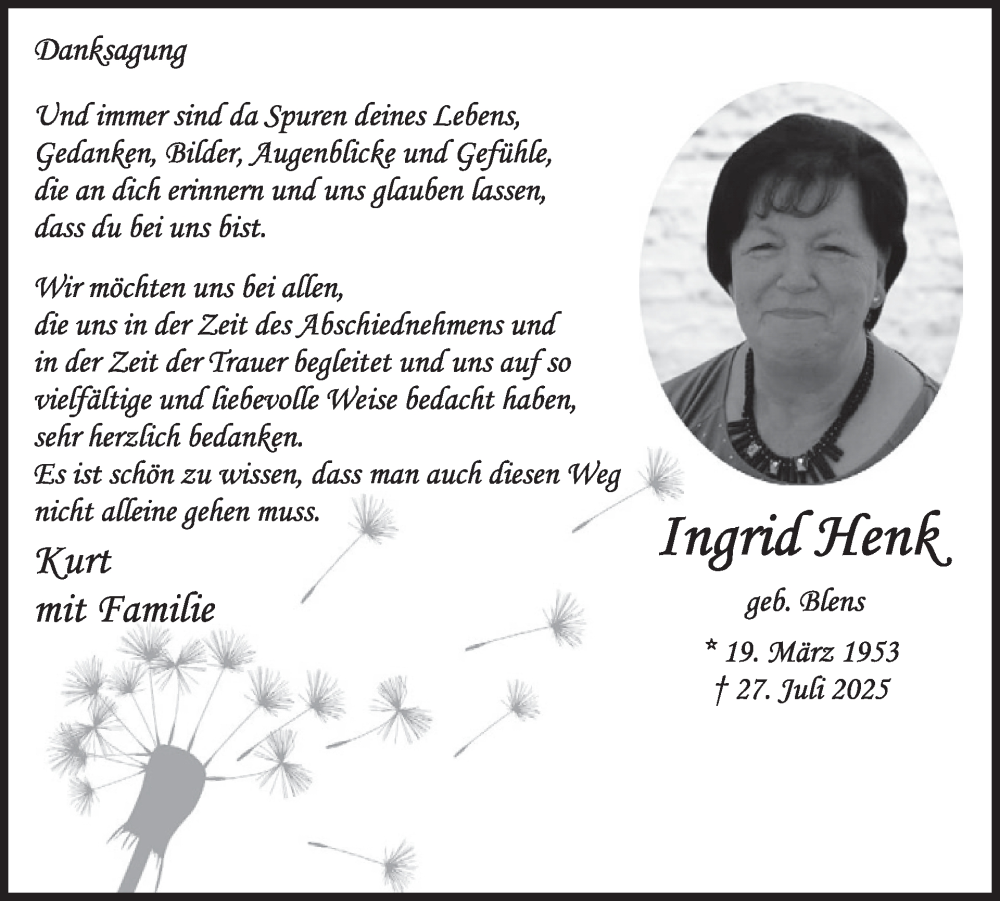  Traueranzeige für Ingrid Henk vom 10.09.2025 aus WochenSpiegel