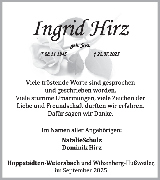 Traueranzeige von Ingrid Hirz von WochenSpiegel