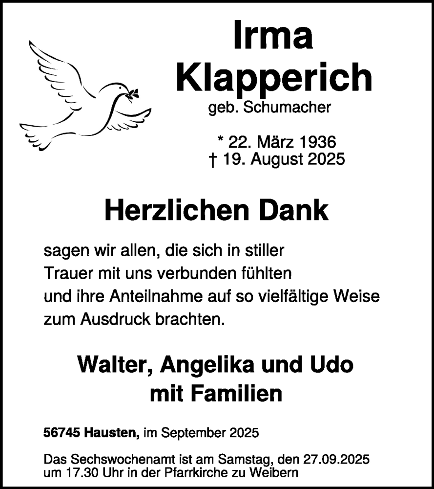  Traueranzeige für Irma Klapperich vom 24.09.2025 aus WochenSpiegel