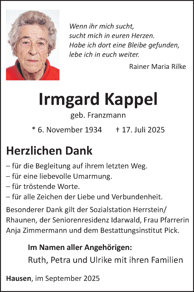  Traueranzeige für Irmgard Kappel vom 20.09.2025 aus WochenSpiegel