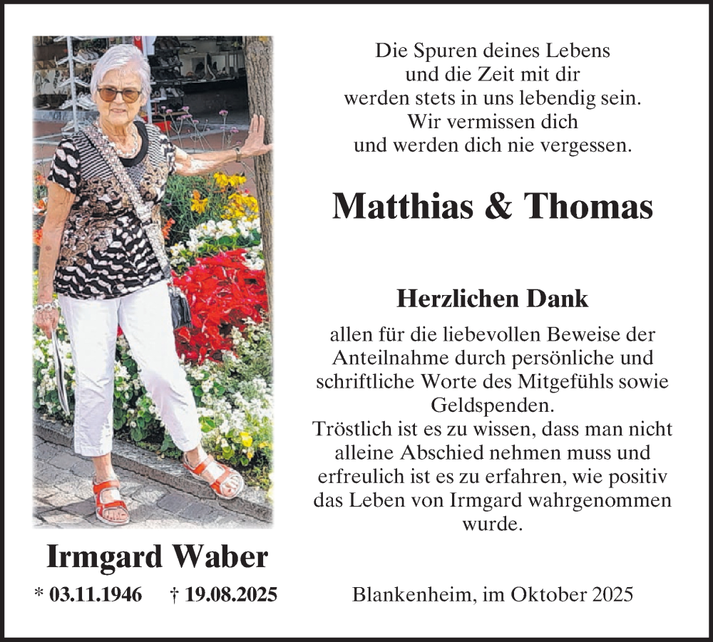 Traueranzeige für Irmgard Waber vom 01.10.2025 aus WochenSpiegel