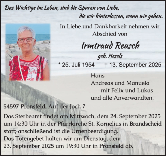 Traueranzeige von Irmtraud Reusch von WochenSpiegel