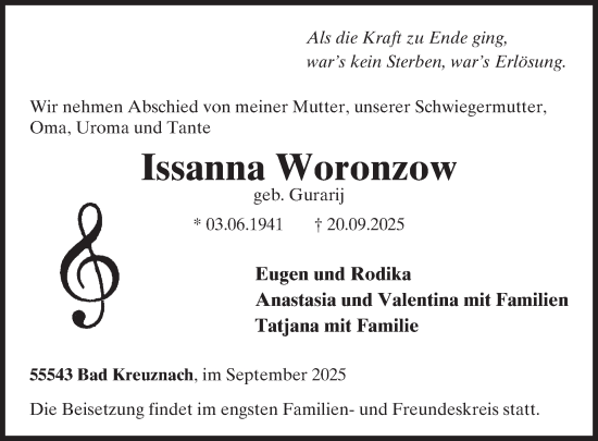 Traueranzeige von Issanna Woronzow von WochenSpiegel