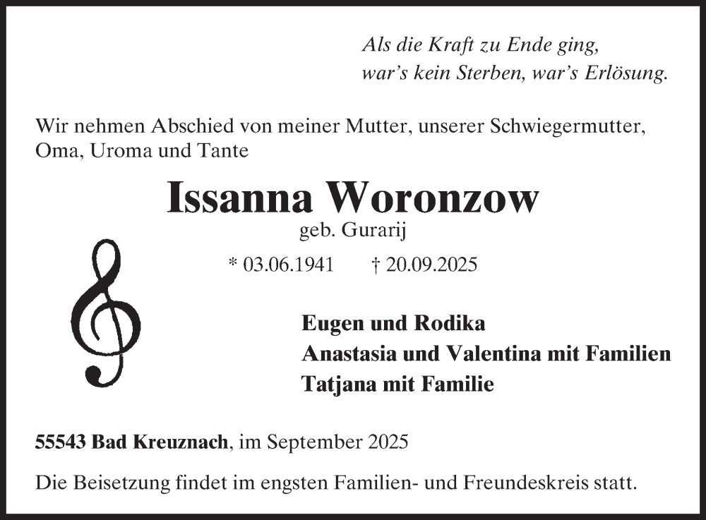  Traueranzeige für Issanna Woronzow vom 27.09.2025 aus WochenSpiegel