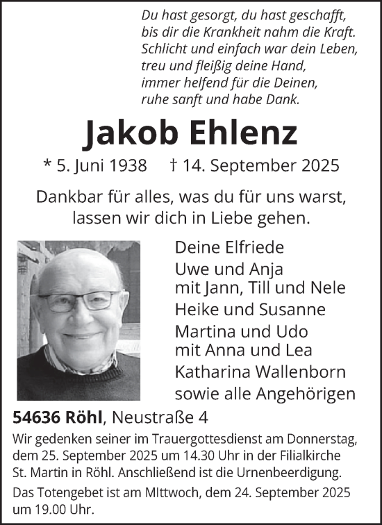 Traueranzeige von Jakob Ehlenz von WochenSpiegel