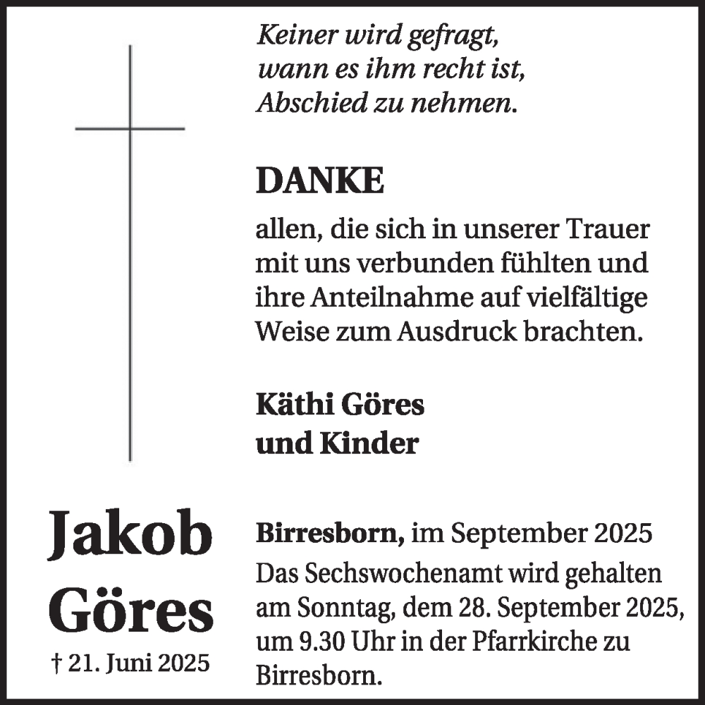  Traueranzeige für Jakob Göres vom 06.09.2025 aus WochenSpiegel