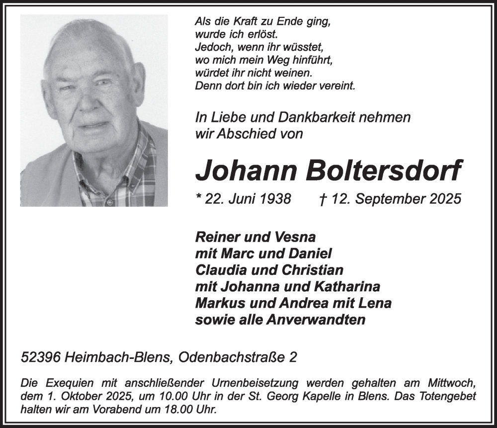  Traueranzeige für Johann Boltersdorf vom 17.09.2025 aus WochenSpiegel