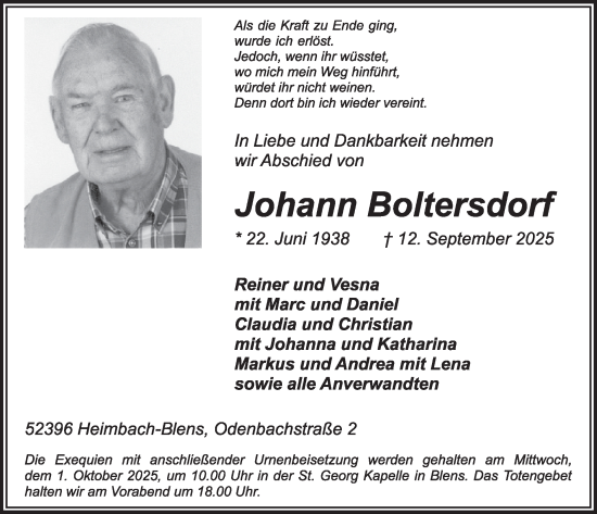 Traueranzeige von Johann Boltersdorf von WochenSpiegel