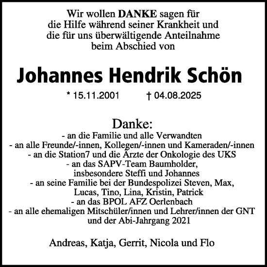 Traueranzeige von Johannes Hendrik Schön von WochenSpiegel