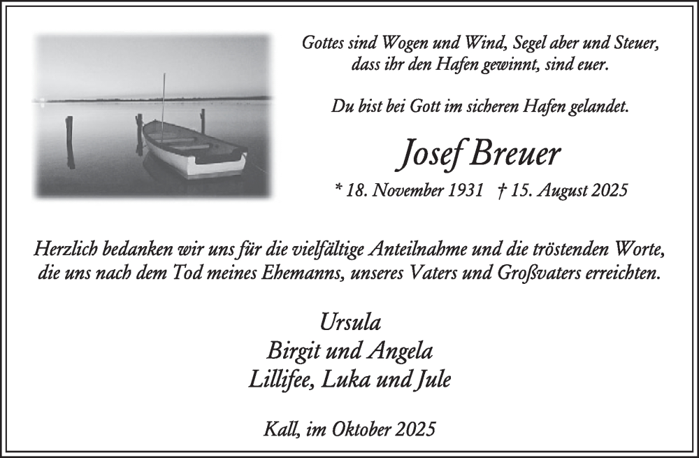  Traueranzeige für Josef Breuer vom 01.10.2025 aus WochenSpiegel