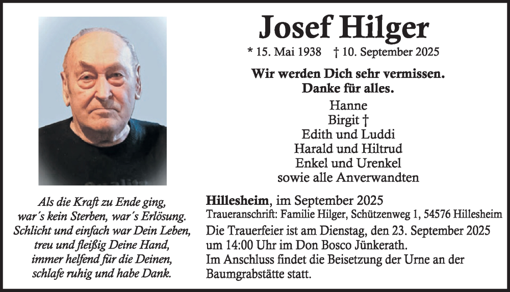  Traueranzeige für Josef Hilger vom 20.09.2025 aus WochenSpiegel