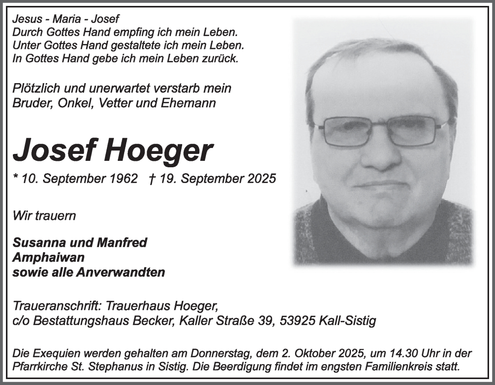  Traueranzeige für Josef Hoeger vom 01.10.2025 aus WochenSpiegel