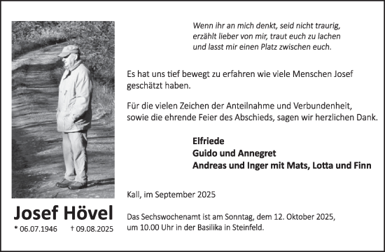Traueranzeige von Josef Hövel von WochenSpiegel