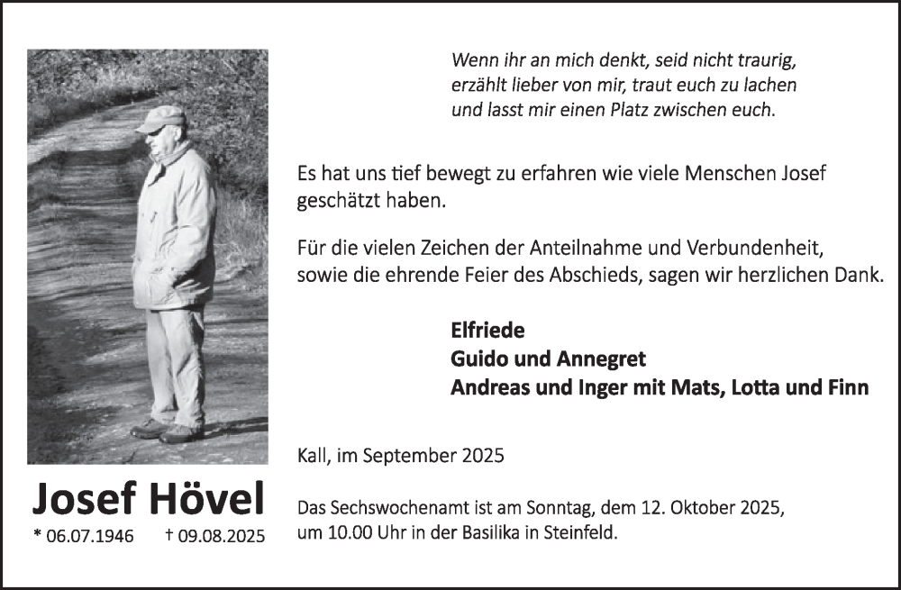  Traueranzeige für Josef Hövel vom 01.10.2025 aus WochenSpiegel