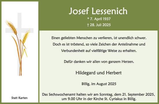 Traueranzeige von Josef Lessenich von WochenSpiegel