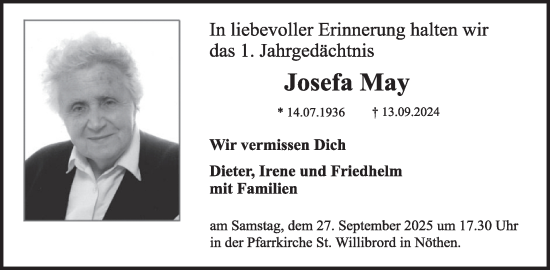Traueranzeige von Josefa May von WochenSpiegel