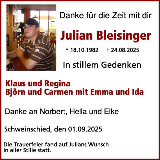 Traueranzeige von Julian Bleisinger von WochenSpiegel