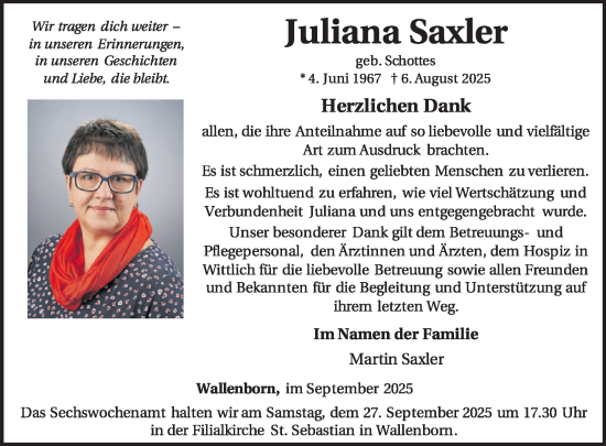 Traueranzeige von Juliana Saxler von WochenSpiegel