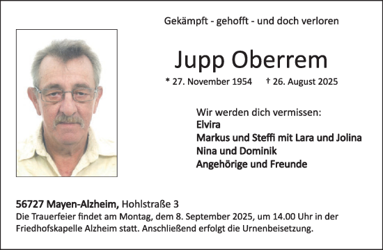Traueranzeige von Jupp Oberrem von WochenSpiegel