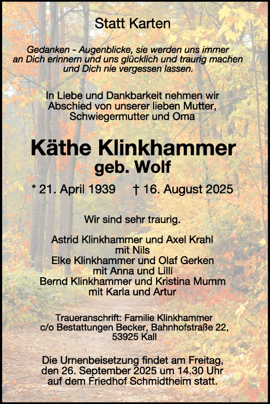 Traueranzeige von Käthe Klinkhammer von WochenSpiegel