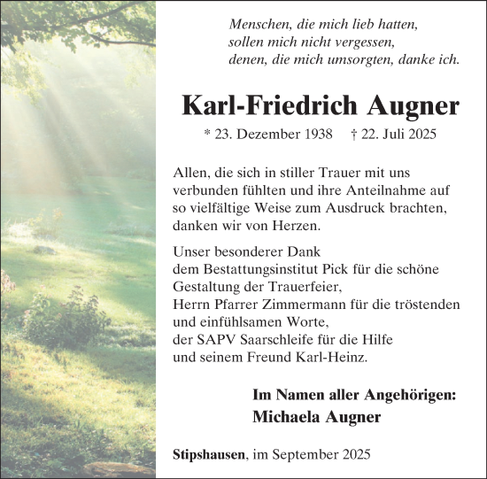 Traueranzeige von Karl-Friedrich Augner von WochenSpiegel