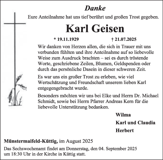 Traueranzeige von Karl Geisen von WochenSpiegel