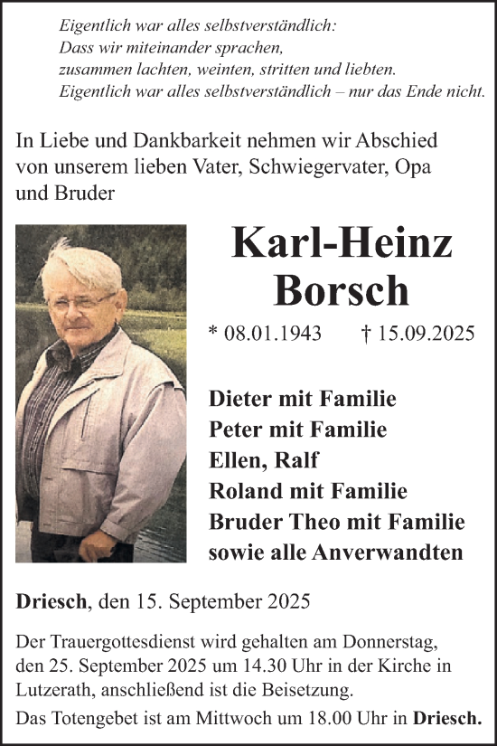 Traueranzeige von Karl-Heinz Borsch von WochenSpiegel