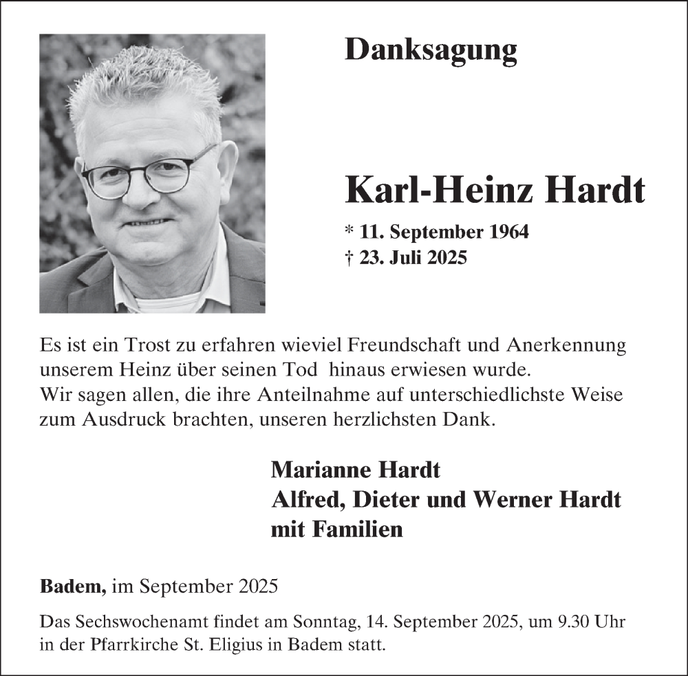  Traueranzeige für Karl-Heinz Hardt vom 05.09.2025 aus WochenSpiegel