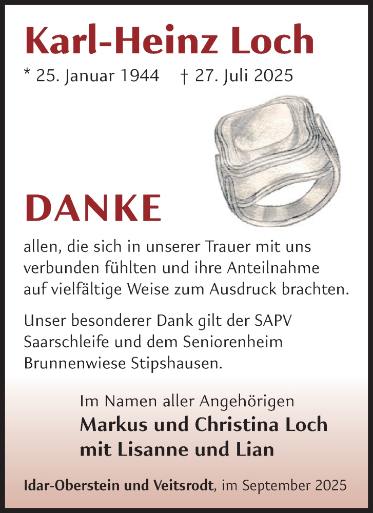  Traueranzeige für Karl-Heinz Loch vom 06.09.2025 aus WochenSpiegel