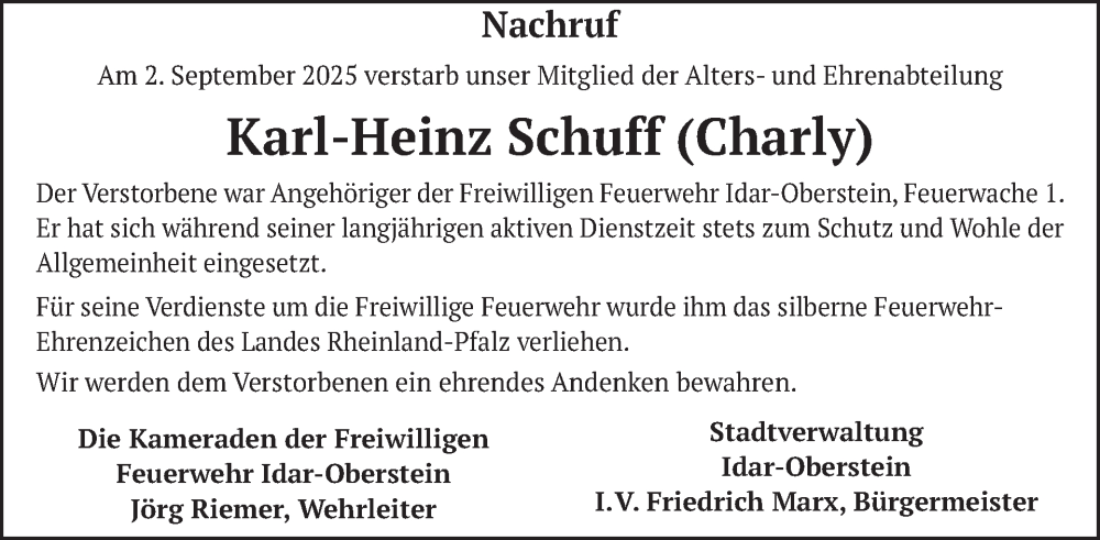  Traueranzeige für Karl-Heinz Schuff vom 13.09.2025 aus WochenSpiegel