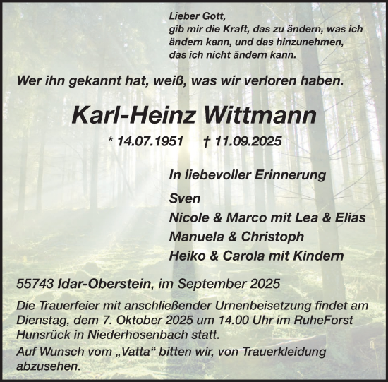 Traueranzeige von Karl-Heinz Wittmann von WochenSpiegel