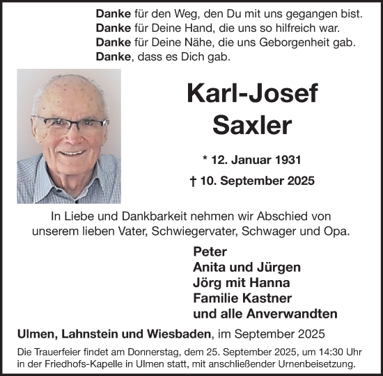 Traueranzeige von Karl-Josef Saxler von WochenSpiegel