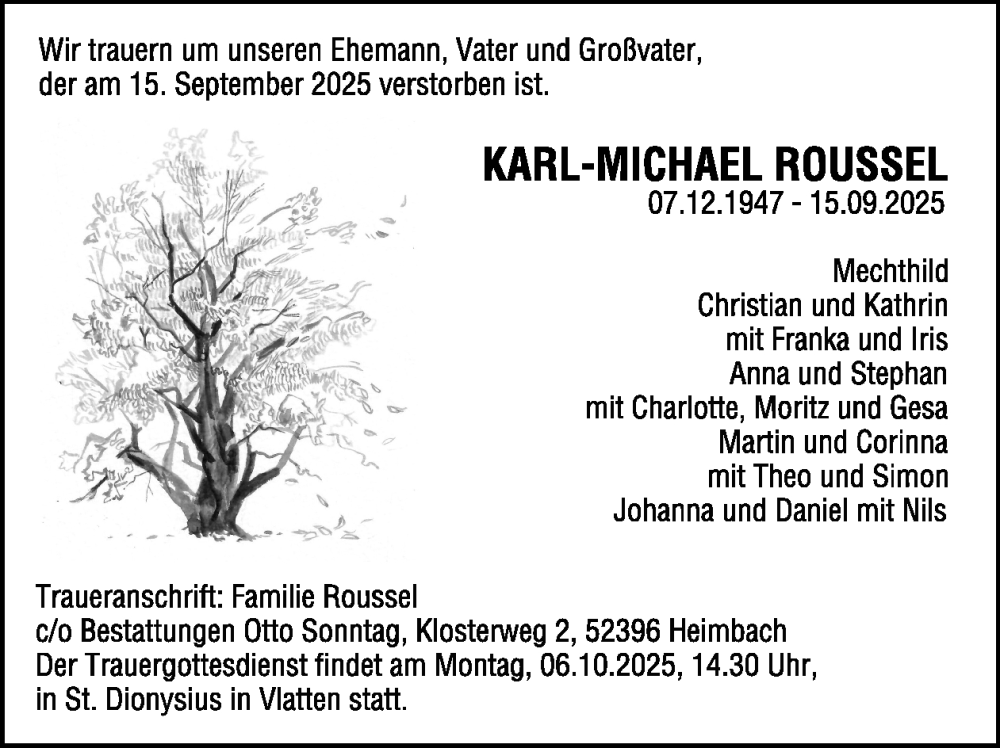  Traueranzeige für Karl-Michael Roussel vom 24.09.2025 aus WochenSpiegel