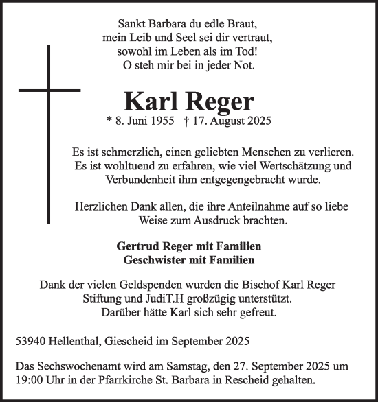 Traueranzeige von Karl Reger von WochenSpiegel