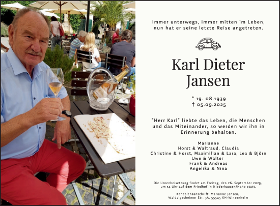 Traueranzeige von Karl Dieter Jansen von WochenSpiegel