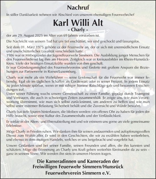 Traueranzeige von Karl Willi Alt von WochenSpiegel