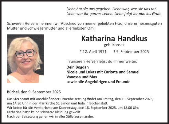 Traueranzeige von Katharina Handkus von WochenSpiegel