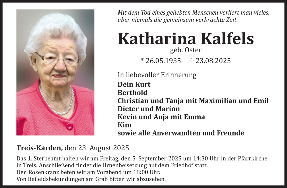  Traueranzeige für Katharina Kalfels vom 03.09.2025 aus WochenSpiegel