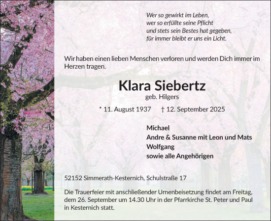 Traueranzeige von Klara Siebertz von WochenSpiegel