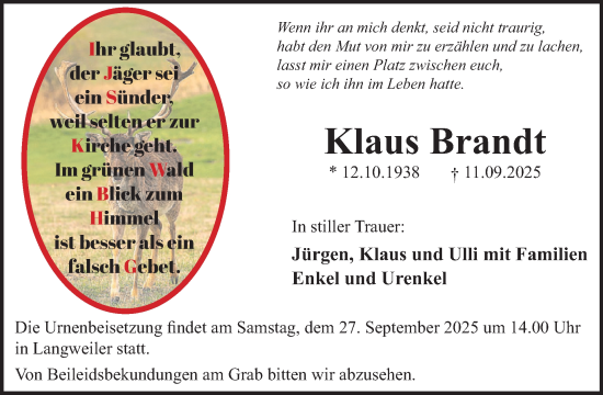 Traueranzeige von Klaus Brandt von WochenSpiegel