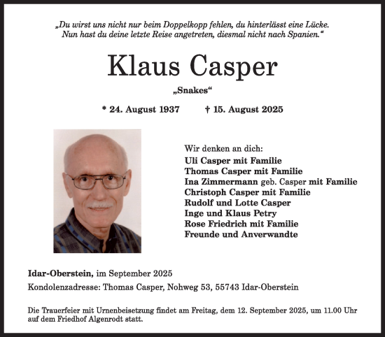 Traueranzeige von Klaus Casper von WochenSpiegel